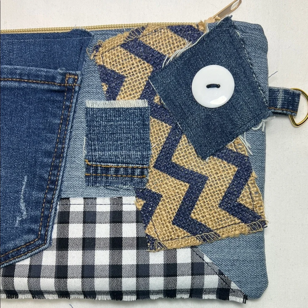 Handmade Blue and Tan Patchwork Clutch - Picture 6 of 7